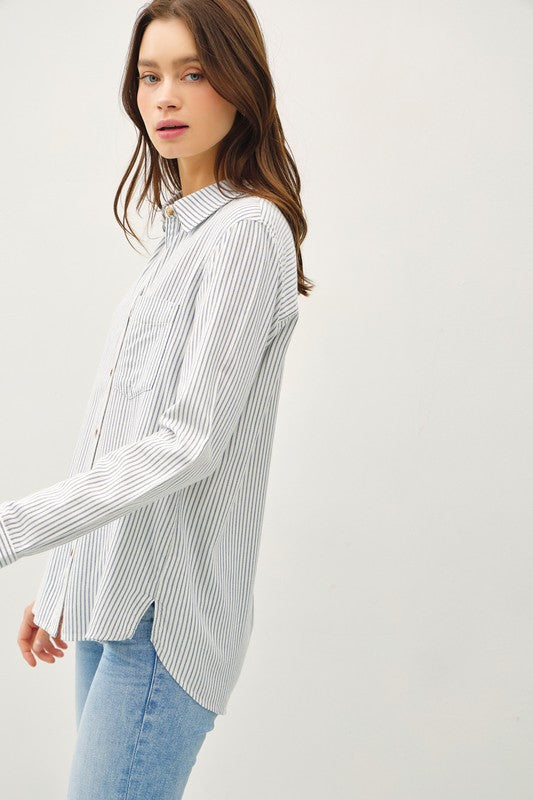 Navy Stripe Button Up Top