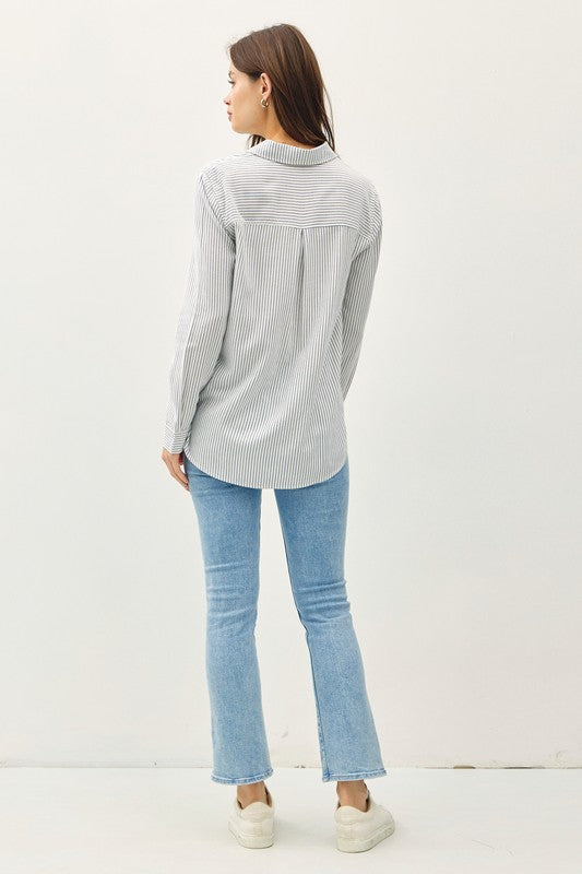 Navy Stripe Button Up Top