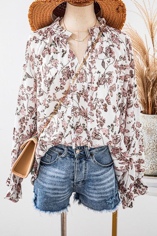 Floral Splendor Bubble Sleeve Blouse