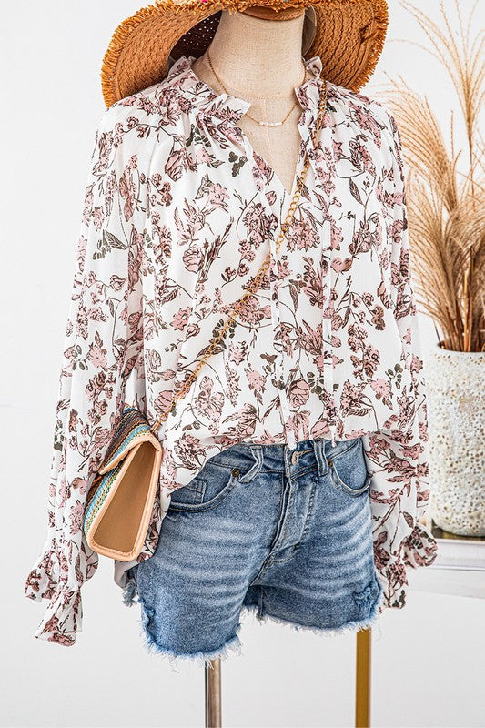 Floral Splendor Bubble Sleeve Blouse