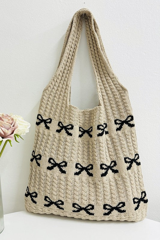 Ribbon Bow Knitted Crochet Tote-Market Grey Boutique