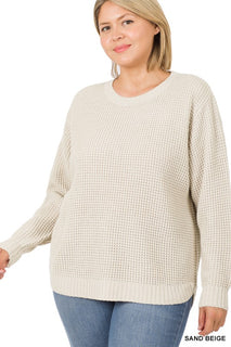 BESTSELLER! Beige Hi-low Round Neck Waffle Sweater