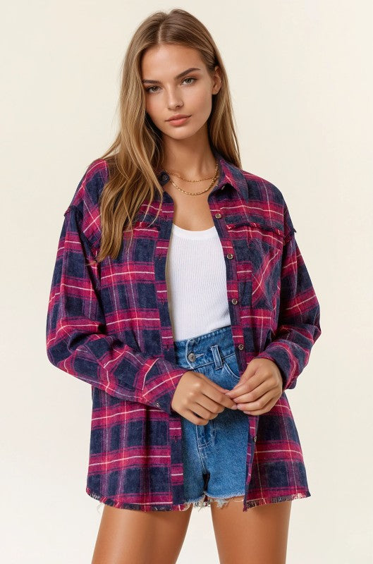 Navy/Wine Frayed Detail Flannel Shirt