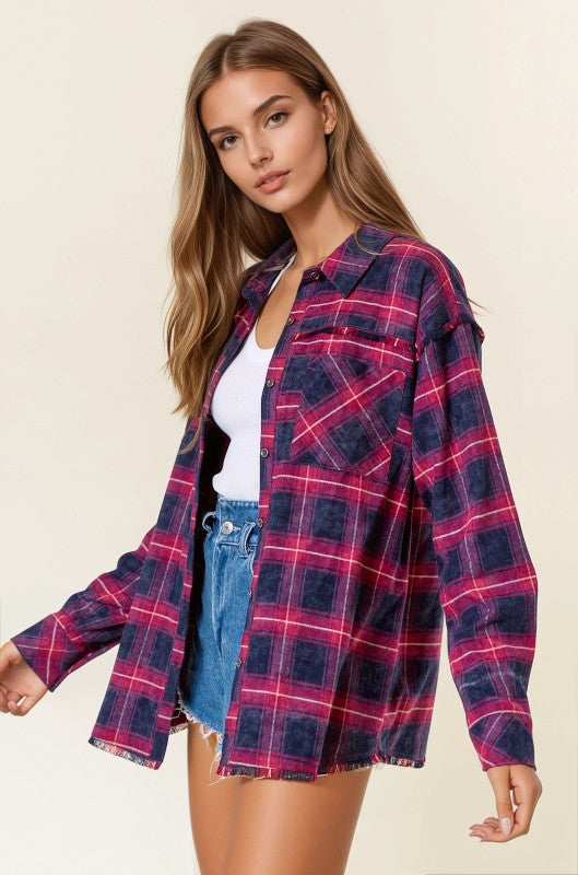 Navy/Wine Frayed Detail Flannel Shirt