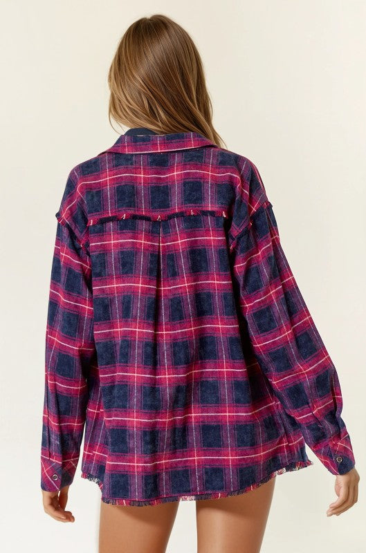 Navy/Wine Frayed Detail Flannel Shirt