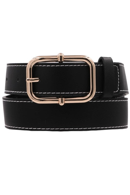 Metal Knob Bar Rectangle Buckle Faux Leather Belt