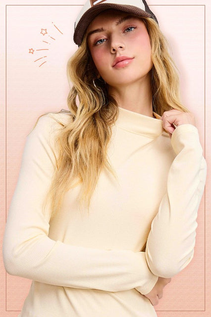 Ivory Ribbed Mock Neck Basic Top - petite fit