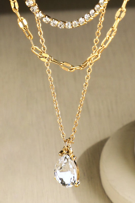 Triple Layer Crystal Teardrop Pendant Necklace