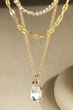 Triple Layer Crystal Teardrop Pendant Necklace