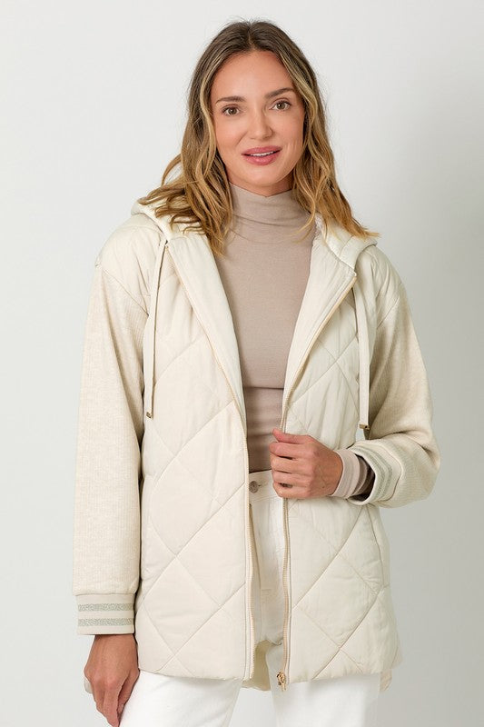 Ivory Contrast Sleeve Puffer Jacket