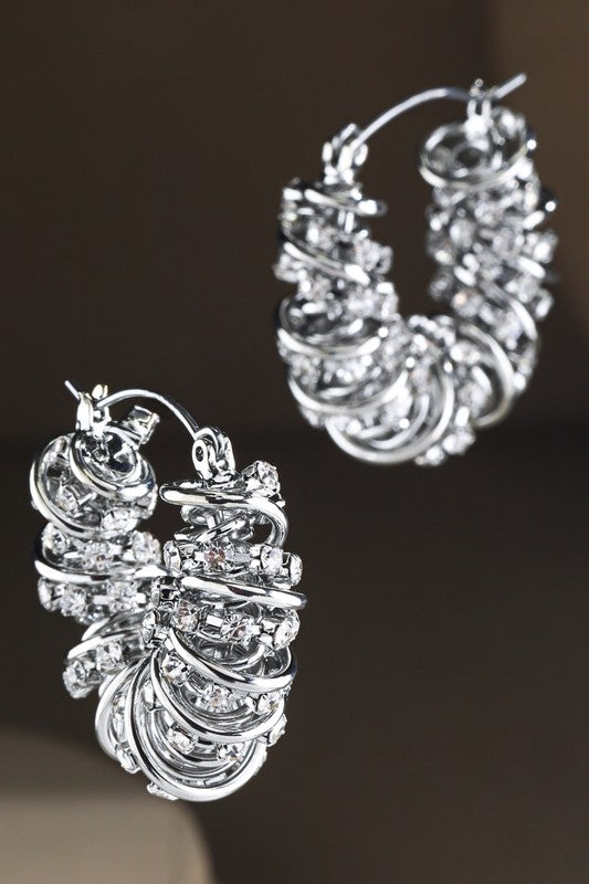 Silver Detailed Hoop Earring With Rhinestones