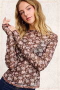 Brown Semi Sheer Floral Mesh Layering Top