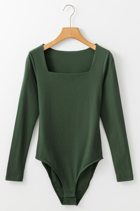 Color Square Neck Long Sleeve Slim Fit Bodysuit