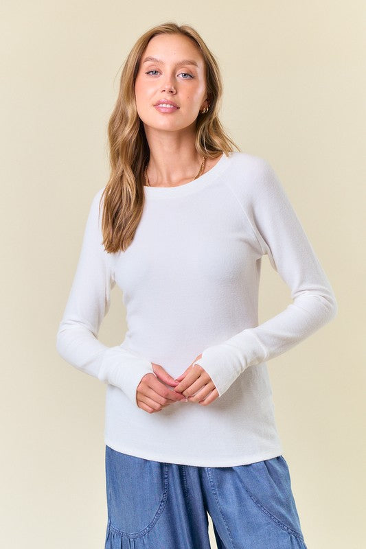 Knit Round Neck Thumb-Hole Long Sleeve Tee