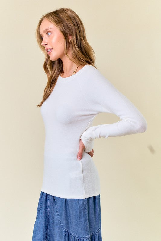 Knit Round Neck Thumb-Hole Long Sleeve Tee