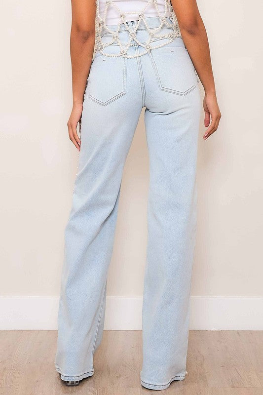 Pearl Stud High Rise Semi-Wide Leg Jeans-Market Grey Boutique
