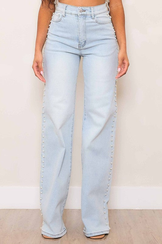 Pearl Stud High Rise Semi-Wide Leg Jeans-Market Grey Boutique