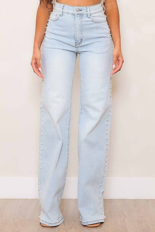 Pearl Stud High Rise Semi-Wide Leg Jeans