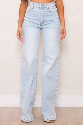 Pearl Stud High Rise Semi-Wide Leg Jeans