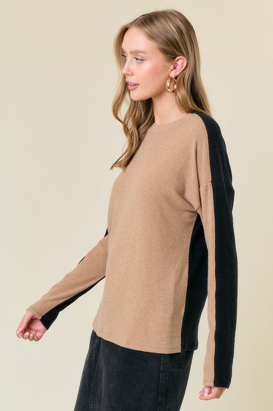 Beige/Black Soft Brushed Colorblock Top