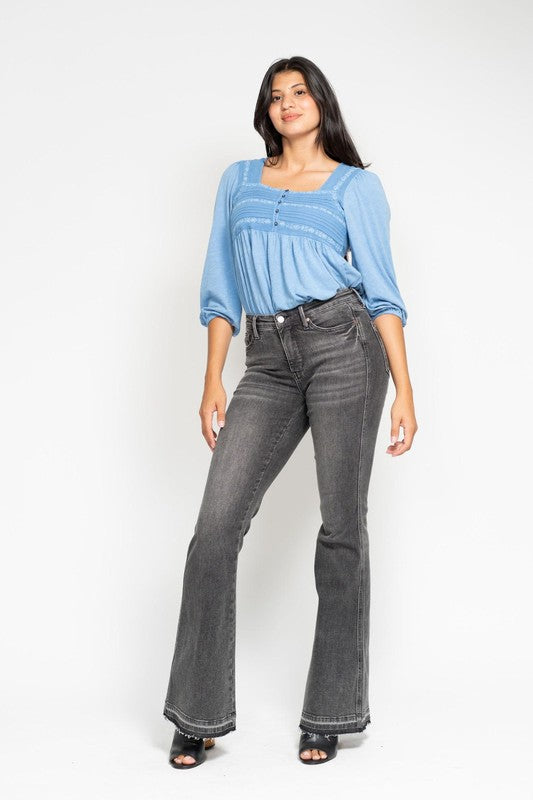 JB Mid Rise Tummy Control Washed Grey Release Hem Flare