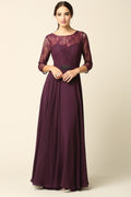 Long Sleeve Lace And Chiffon Gown With Belted Detail