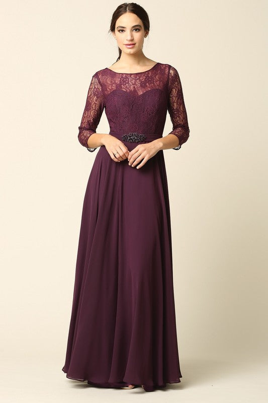 Long Sleeve Lace And Chiffon Gown With Belted Detail