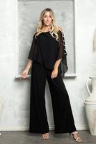 MOB- Black Jumpsuit With Rhinestone/ Chiffon Cape Overlay-Market Grey Boutique