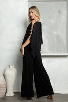 MOB- Black Jumpsuit With Rhinestone/ Chiffon Cape Overlay-Market Grey Boutique