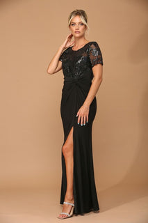 Sequin And Jersey Gown With Front Slit