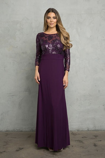 Long Sleeve Sequin And Jersey Gown With Empire Waist