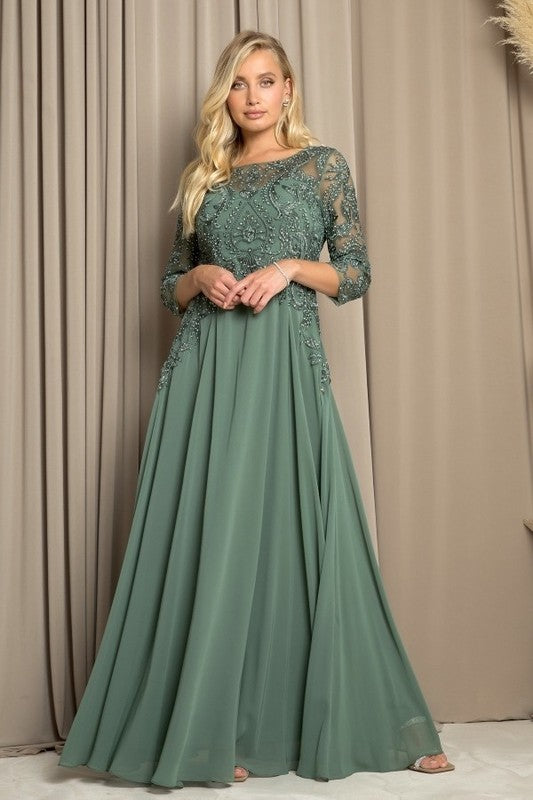 MOB Chiffon Gown With Lace Embroidered Bodice