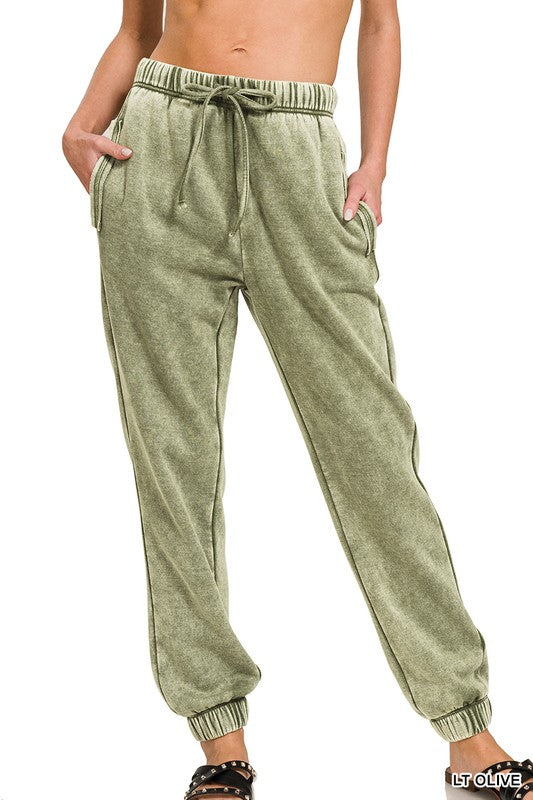 Light Olive Acid Wash Fleece Sweatpants