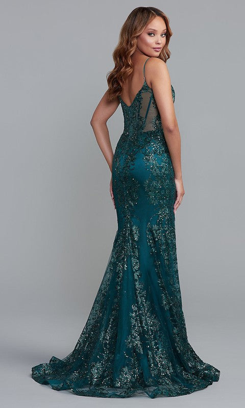 Emerald Shimmer Long Corset-Style Prom Dress with Sequins