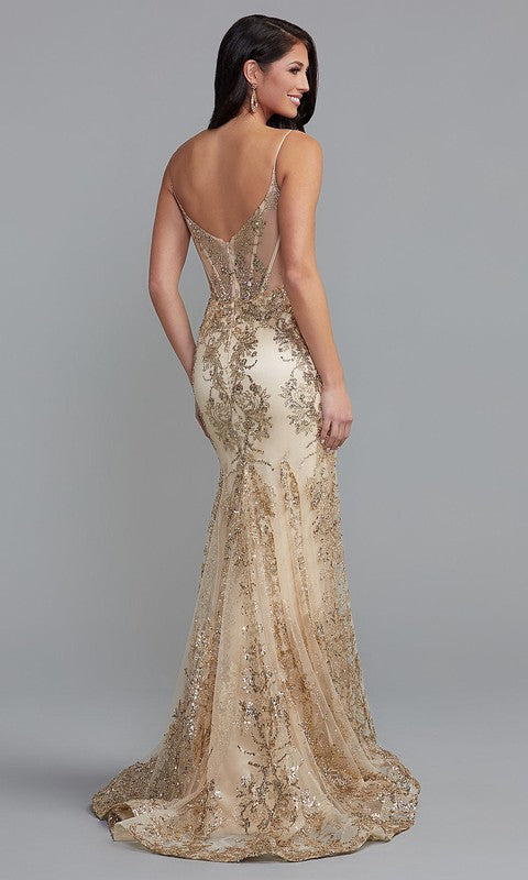 Champagne Shimmer Long Corset-Style Prom Dress with Sequins