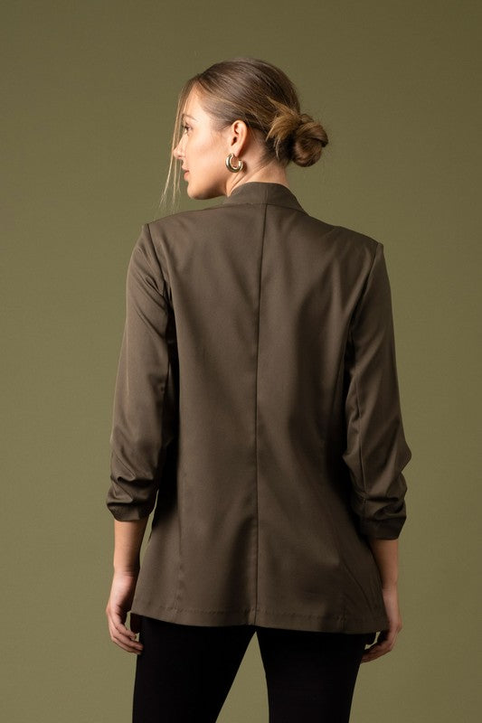 Dark Olive Ruched 3/4 Blazer