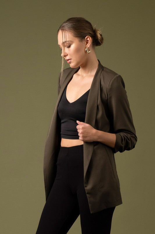 Dark Olive Ruched 3/4 Blazer