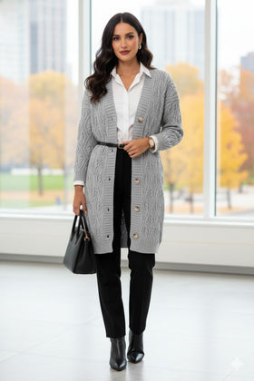 Grey Longline Cable Knit Cardigan