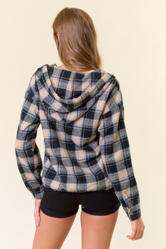 Flannel Plaid Pullover Hoodie W/ Kangaroo Pocket