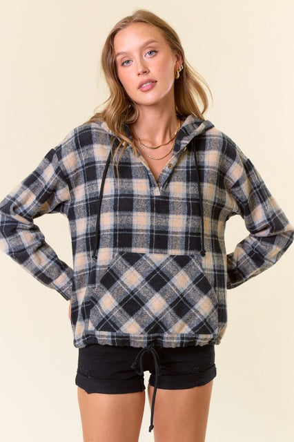Flannel Plaid Pullover Hoodie W/ Kangaroo Pocket