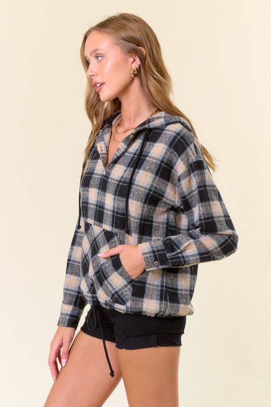 Flannel Plaid Pullover Hoodie W/ Kangaroo Pocket