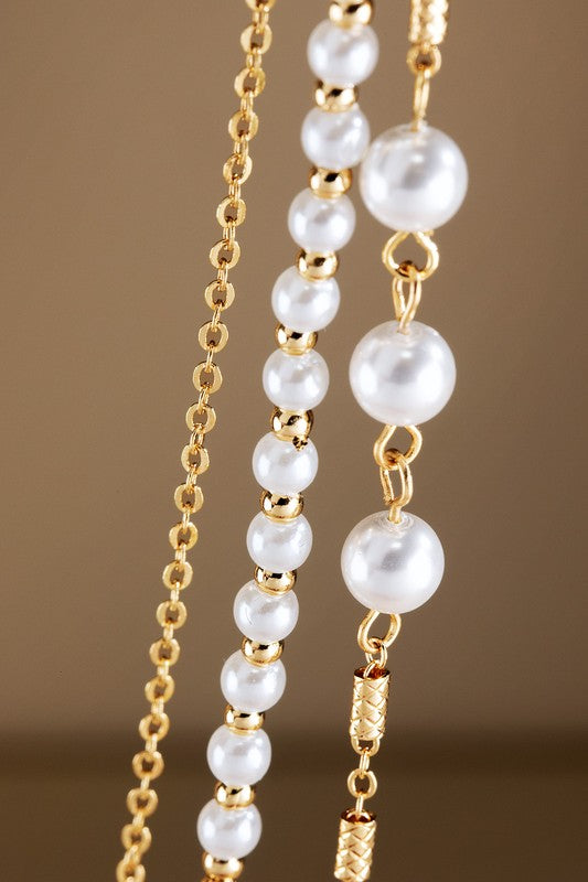 Triple Layer Pearl and Chain Link Necklace