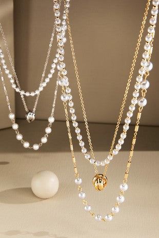 Silver Triple Layer Pearl And Chain Link Necklace