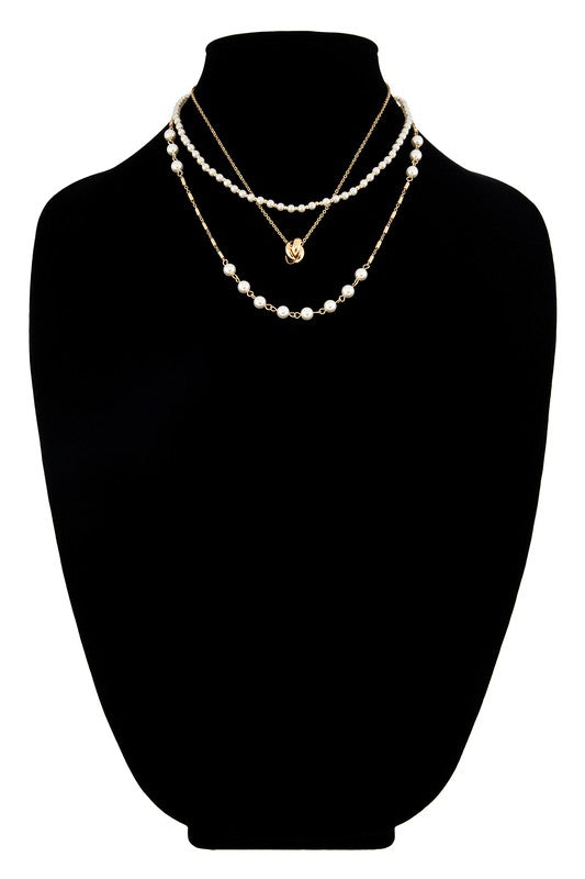 Triple Layer Pearl and Chain Link Necklace