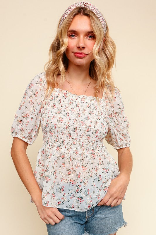 Floral Eyelet Smocking Babydoll Top