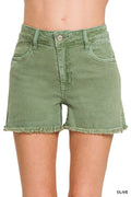 Olive Acid Washed Frayed Cutoff Shorts