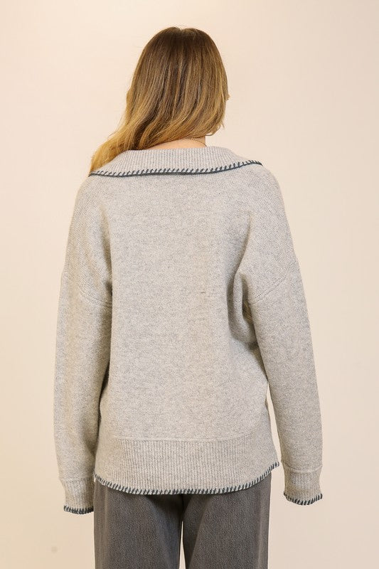Grey Stitched V-neck Sweater