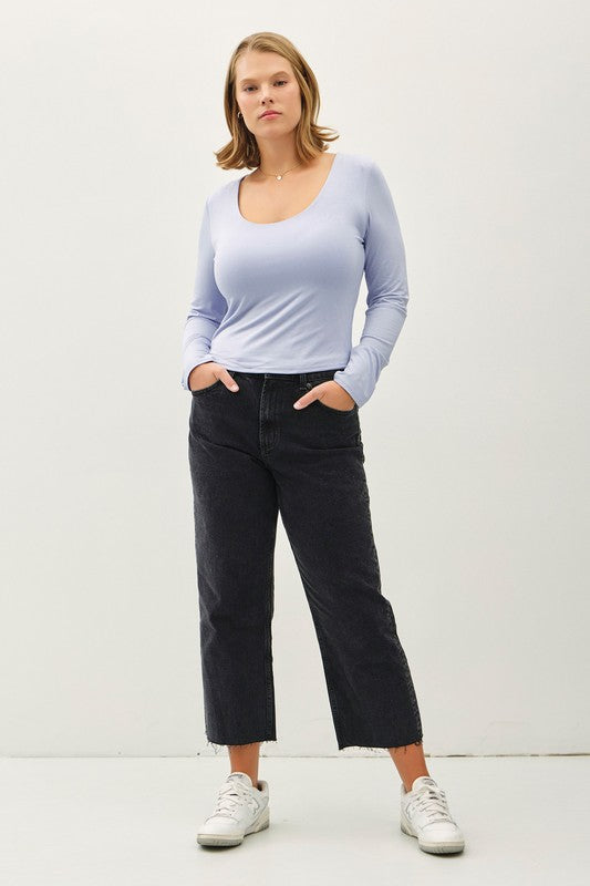 Curvy Dusty Blue Long Sleeve Top-Market Grey Boutique