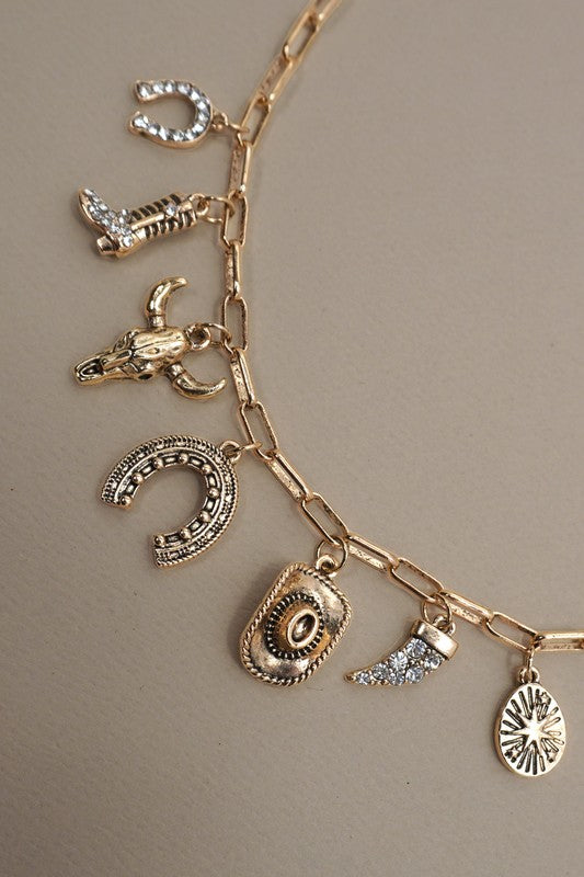 WESTERN HAT HORSESHOE BOOT CHARM NECKLACE