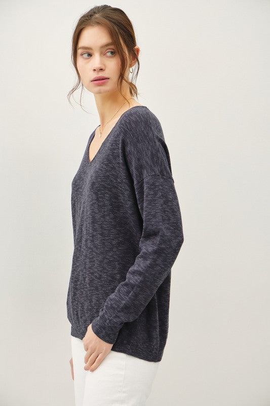 CHARCOAL BLUE V-NECKLINE COTTON SLUB SWEATER